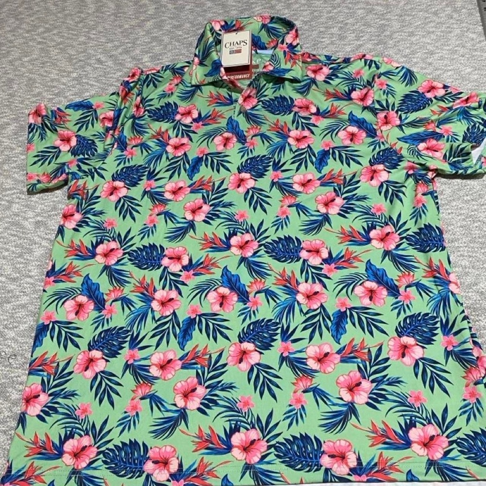 Chaps Mens Large Green Floral Performance Polo Shirt. SKU-B874 NWT